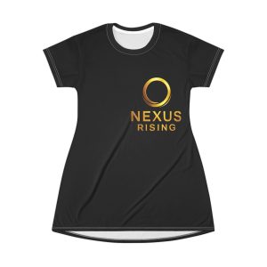 Nexus Rising Black T-Shirt Dress — Gold Ring Logo Casual AOP Dress